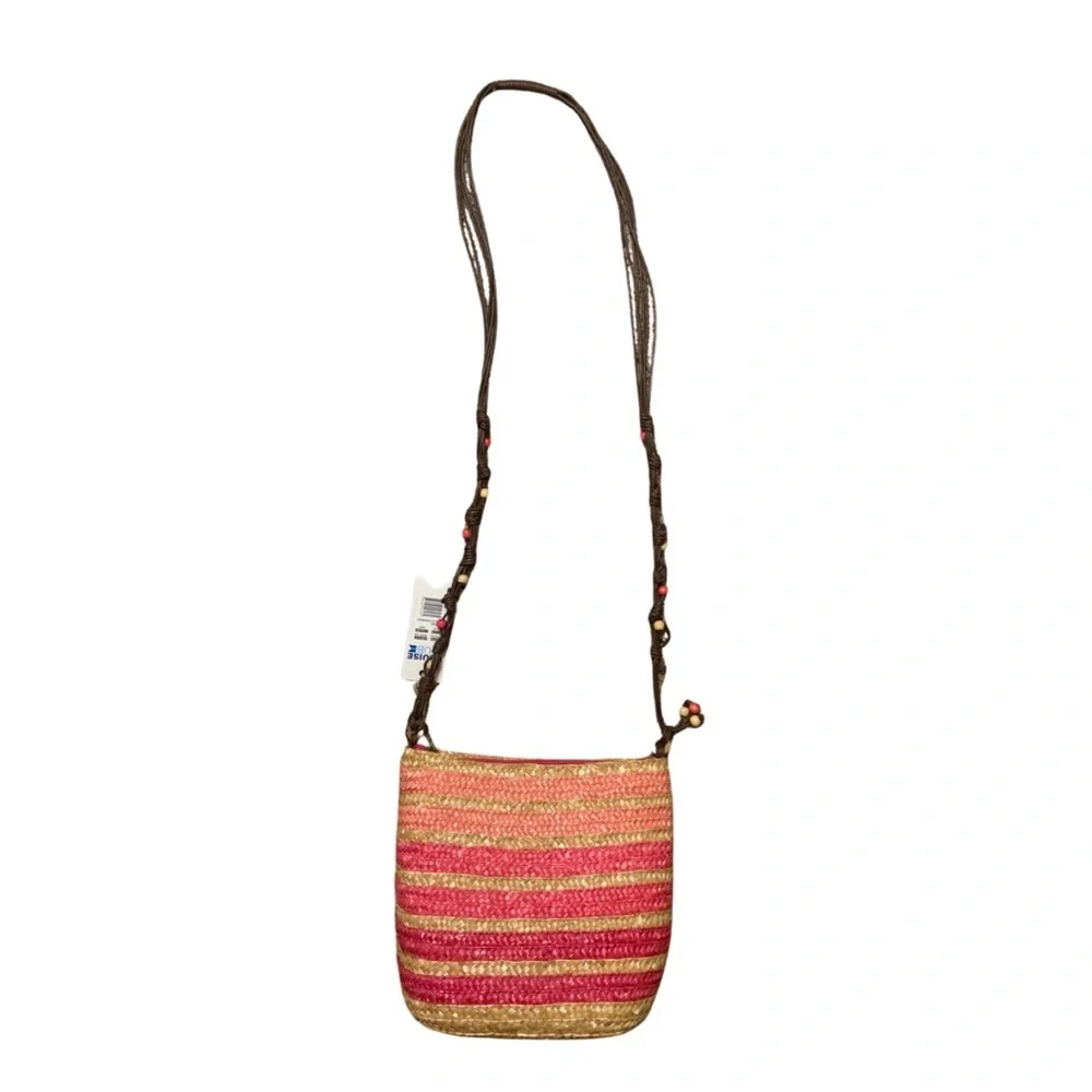 NWT Cruise Club pink/tan striped summer straw crossbody with corded/beaded strap - Picture 10 of 10